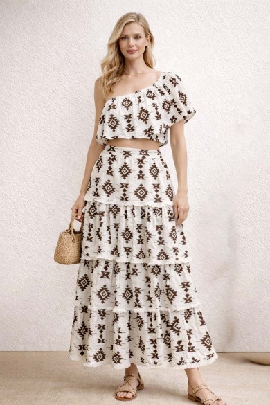 FALDA LARGA MUJER ESTAMPADO ÉTNICO DISEÑO EN CAPAS ESTILO BOHO VERANO FBZMR22411B