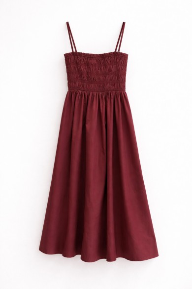 VESTIDO LARGO MUJER TIRANTES FINOS CUERPO FRUNCIDO COLOR BURDEOS VERANO FBZMR22420