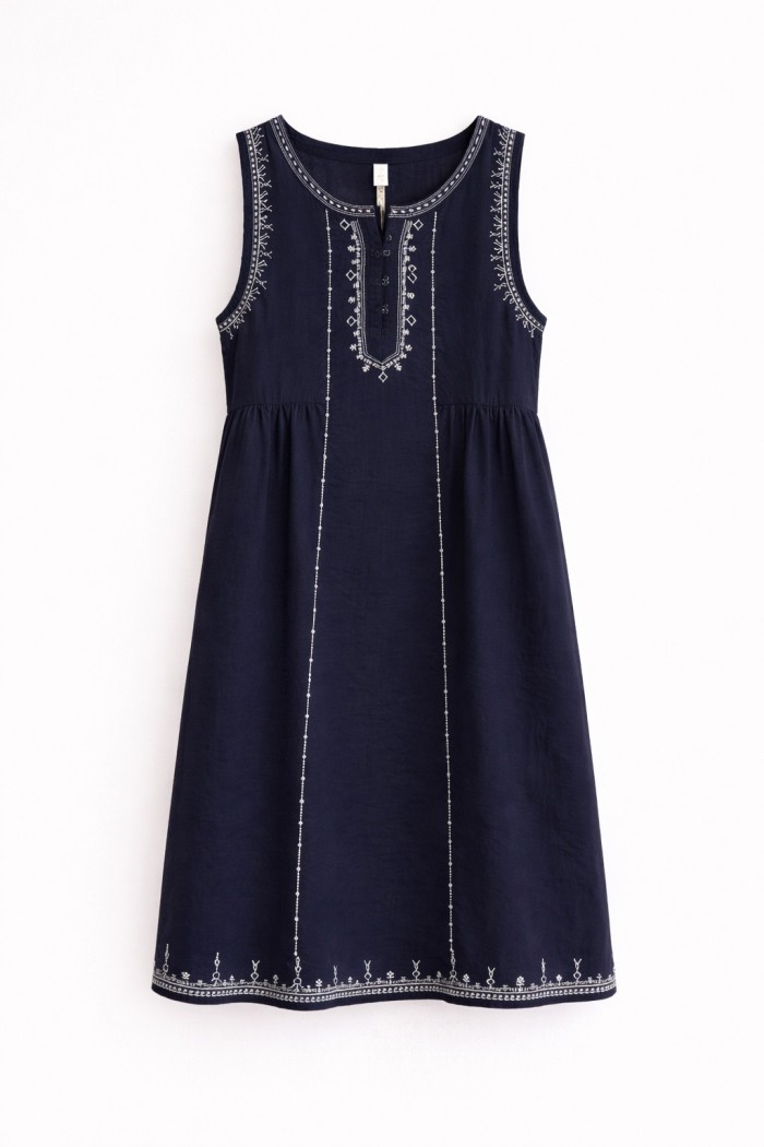 VESTIDO MUJER SIN MANGAS BORDADO ÉTNICO AZUL MARINO CORTE SUELTO VERANO FBZMR22428