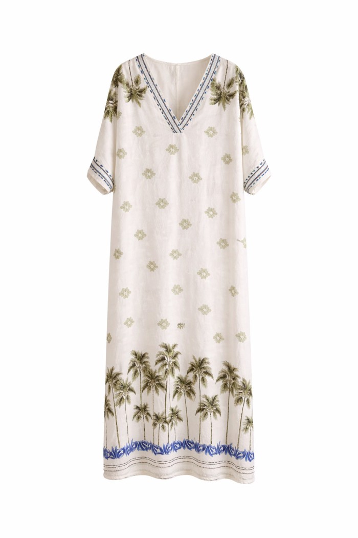 VESTIDO LARGO ESTAMPADO TROPICAL ESCOTE PICO VERANO FBZMR22423