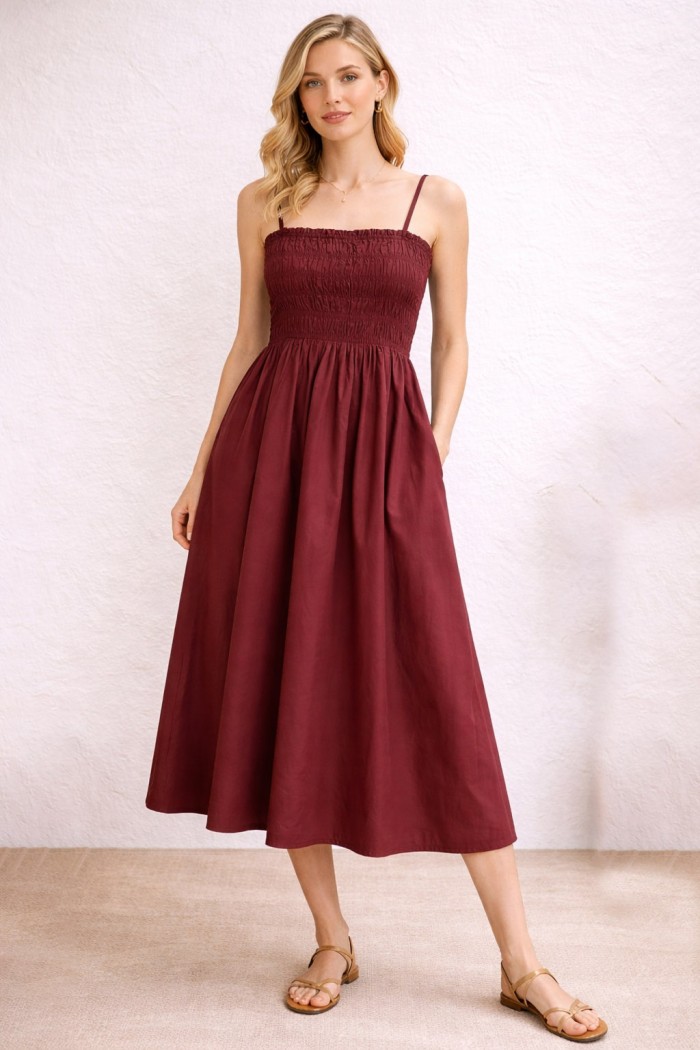 VESTIDO LARGO MUJER TIRANTES FINOS CUERPO FRUNCIDO COLOR BURDEOS VERANO FBZMR22420