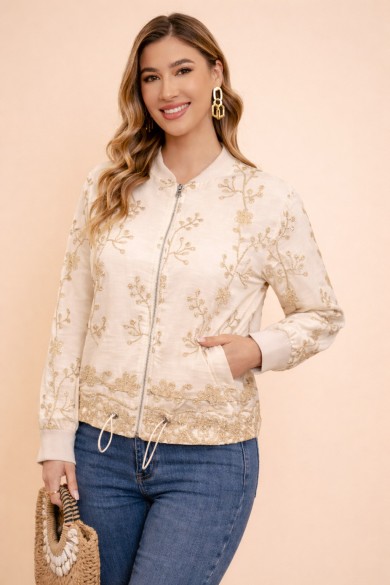 CHAQUETA BOMBER BORDADO DORADO CREMALLERA AJUSTE CINTURA DD-L4279