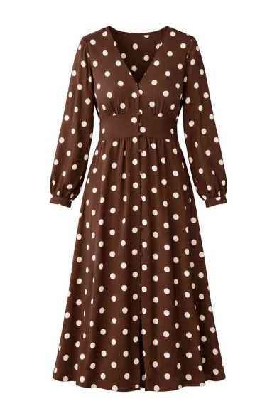 VESTIDO MIDI LUNARES ESCOTE V MANGA LARGA BOTONES TODO EL AÑO DD-1D2068