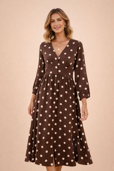 VESTIDO MIDI LUNARES ESCOTE V MANGA LARGA BOTONES TODO EL AÑO DD-1D2068