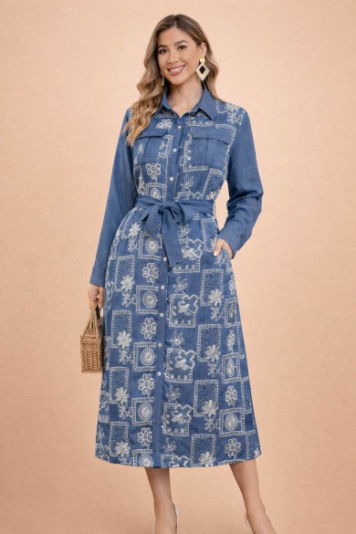 VESTIDO CAMISERO MIDI ESTAMPADO CINTURA AJUSTABLE MANGA LARGA DD-L4260