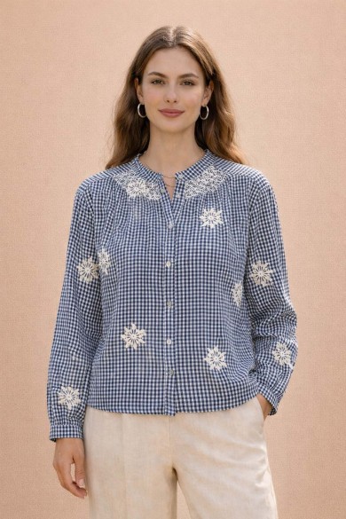 BLUSA MUJER ESTAMPADO CUADROS CON BORDADO MANGA LARGA ESTILO CASUAL DD-1D2075