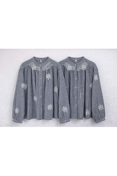 BLUSA MUJER ESTAMPADO CUADROS CON BORDADO MANGA LARGA ESTILO CASUAL DD-1D2075