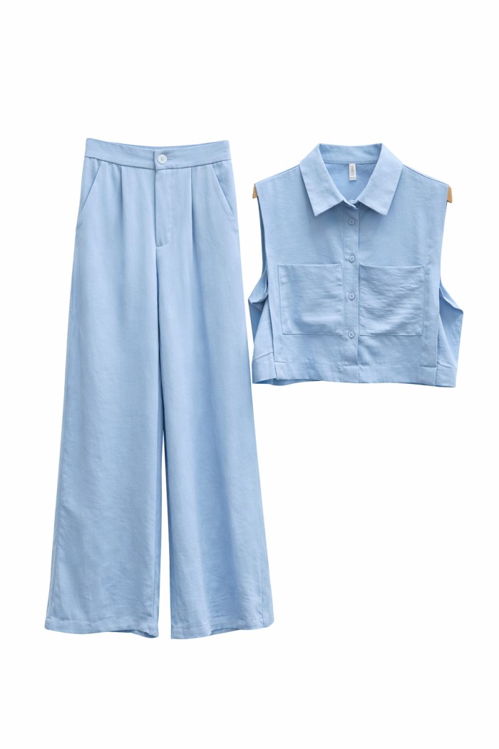 PANTALÓN PALAZZO DE TIRO ALTO COLOR AZUL CLARO CORTE AMPLIO ELEGANTE MUJER FBZMR22292