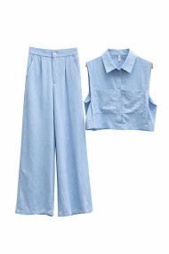 PANTALÓN PALAZZO DE TIRO ALTO COLOR AZUL CLARO CORTE AMPLIO ELEGANTE MUJER FBZMR22292
