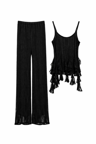 CONJUNTO TOP DE TIRANTES CON VOLANTES PANTALÓN RECTO FLUIDO VARIOS COLORES VERANO MUJER FBZMA1652AB