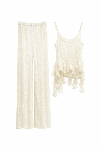 CONJUNTO TOP DE TIRANTES CON VOLANTES PANTALÓN RECTO FLUIDO VARIOS COLORES VERANO MUJER FBZMA1650AB