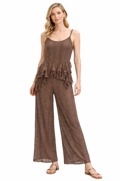 CONJUNTO TOP DE TIRANTES CON VOLANTES PANTALÓN RECTO FLUIDO VARIOS COLORES VERANO MUJER FBZMA1651AB