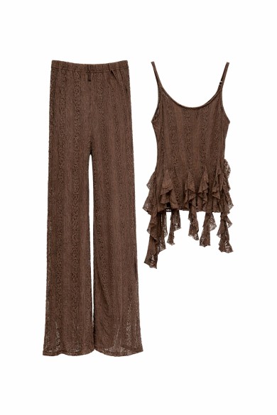 CONJUNTO TOP DE TIRANTES CON VOLANTES PANTALÓN RECTO FLUIDO VARIOS COLORES VERANO MUJER FBZMA1651AB