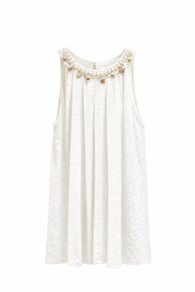 VESTIDO CORTO SIN MANGAS CORTE AMPLIO CON DETALLE DECORATIVO EN CUELLO VARIOS COLORES VERANO MUJER FBZMA1358