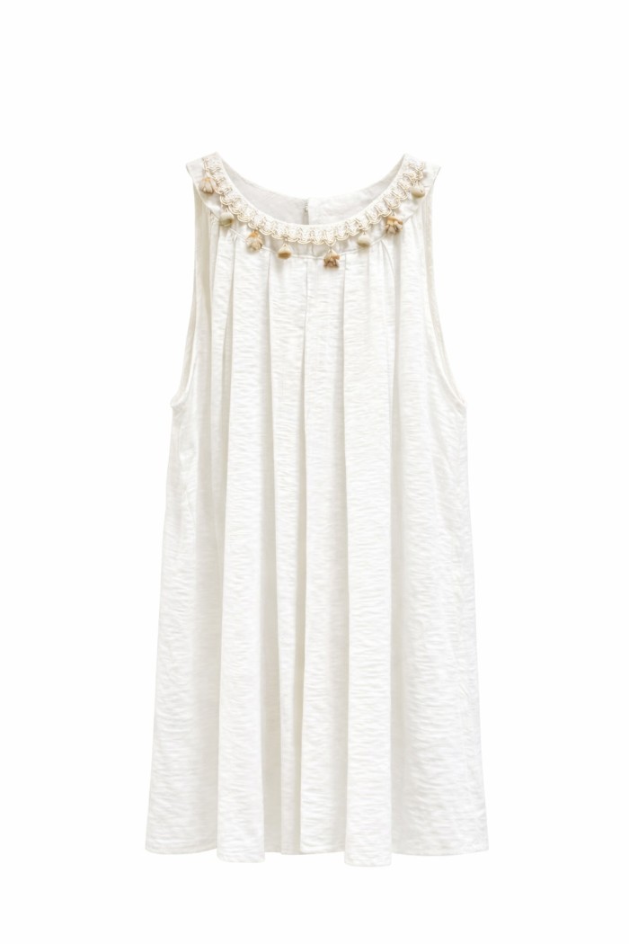 VESTIDO CORTO SIN MANGAS CORTE AMPLIO CON DETALLE DECORATIVO EN CUELLO VARIOS COLORES VERANO MUJER FBZMA1358