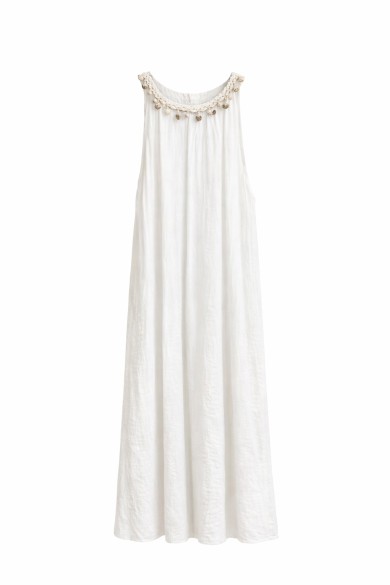 VESTIDO LARGO SIN MANGAS CORTE AMPLIO CON DETALLE DECORATIVO EN CUELLO VARIOS COLORES VERANO MUJER FBZMA1839