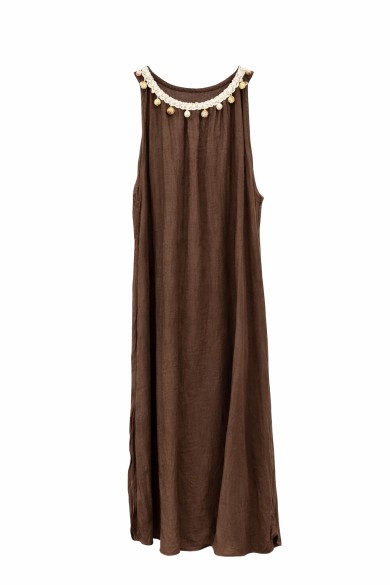 VESTIDO LARGO SIN MANGAS CORTE AMPLIO CON DETALLE DECORATIVO EN CUELLO VARIOS COLORES VERANO MUJER FBZMA1615