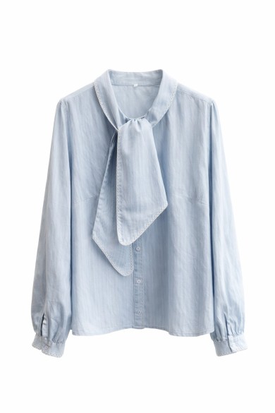 BLUSA DE MANGA LARGA CON LAZO EN CUELLO DETALLE CONTRASTE VARIOS COLORES ELEGANTE MUJER FBZMR22482