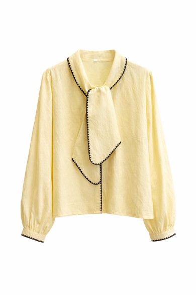 BLUSA DE MANGA LARGA CON LAZO EN CUELLO DETALLE CONTRASTE VARIOS COLORES ELEGANTE MUJER FBZMR22481