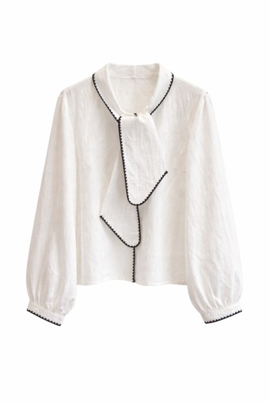 BLUSA DE MANGA LARGA CON LAZO EN CUELLO DETALLE CONTRASTE VARIOS COLORES ELEGANTE MUJER FBZMR22480