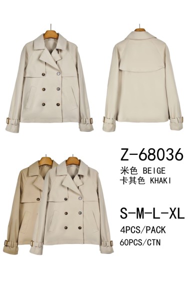 GABARDINA CORTA CRUZADA DOBLE BOTONADURA BOLSILLOS ESTILO CLÁSICO BEIGE TY-Z68036