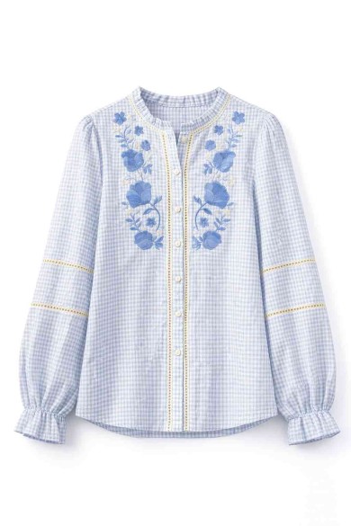 BLUSA CUADROS CON BORDADO FLORAL MANGA LARGA VARIOS COLORES DD-1D2030