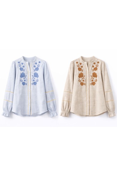 BLUSA CUADROS CON BORDADO FLORAL MANGA LARGA VARIOS COLORES DD-1D2030