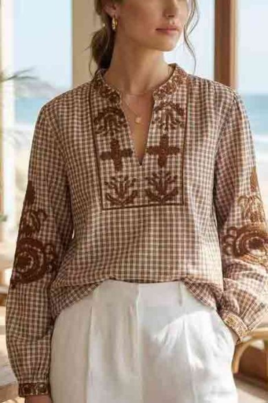 BLUSA CUADROS CON BORDADO ÉTNICO MANGA LARGA VARIOS COLORES DD-1D2076