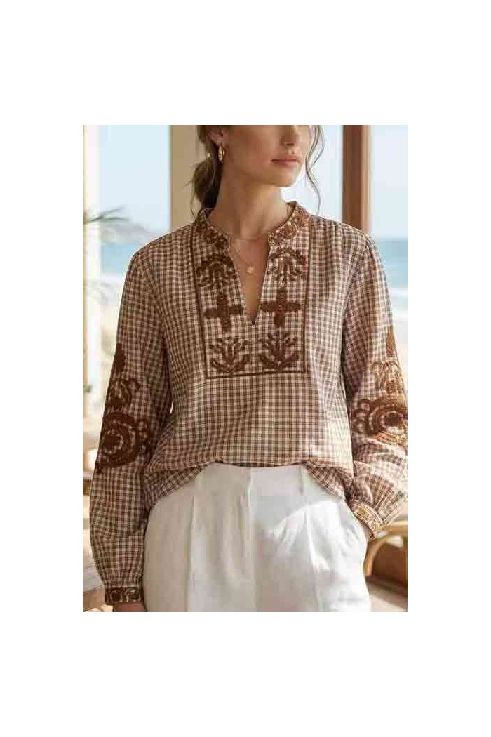 BLUSA CUADROS CON BORDADO ÉTNICO MANGA LARGA VARIOS COLORES DD-1D2076