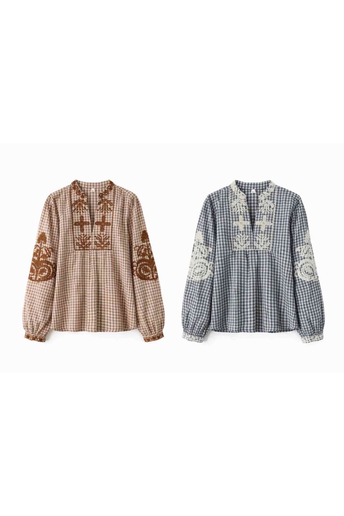 BLUSA CUADROS CON BORDADO ÉTNICO MANGA LARGA VARIOS COLORES DD-1D2076