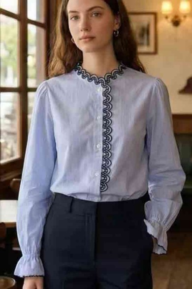 BLUSA MANGA LARGA CON DETALLE ONDULADO EN CONTRASTE VARIOS COLORES DD-1D2100