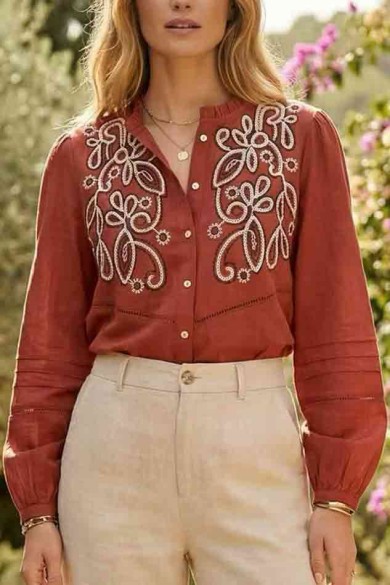 BLUSA BORDADA MANGA LARGA CON BOTONES VARIOS COLORES DD-1D2111