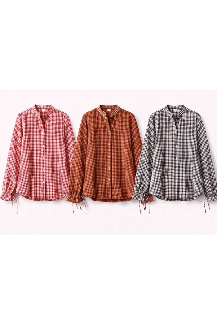 BLUSA CUADROS VICHY MANGA LARGA CUELLO MAO ESTILO CASUAL VARIOS COLORES DD-1D2147