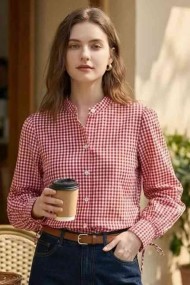 BLUSA CUADROS VICHY MANGA LARGA CUELLO MAO ESTILO CASUAL VARIOS COLORES DD-1D2147