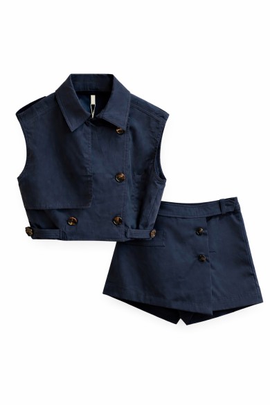 CONJUNTO CHALECO CROPPED + FALDA SHORT ESTILO TRENCH LOOK MODERNO VARIOS COLORES FBZMA1370AB