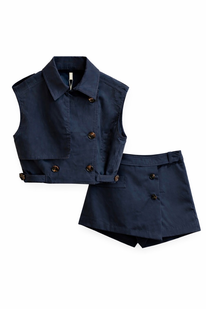 CONJUNTO CHALECO CROPPED + FALDA SHORT ESTILO TRENCH LOOK MODERNO VARIOS COLORES FBZMA1370AB