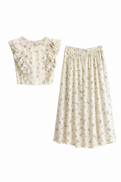 CONJUNTO TOP CORTO CON VOLANTES FALDA MIDI FLORAL ESTILO ROMÁNTICO FBZMA1330AB