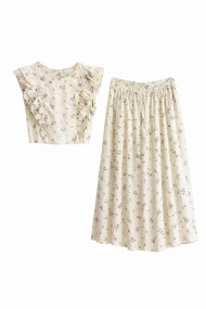 CONJUNTO TOP CORTO CON VOLANTES FALDA MIDI FLORAL ESTILO ROMÁNTICO FBZMA1330AB