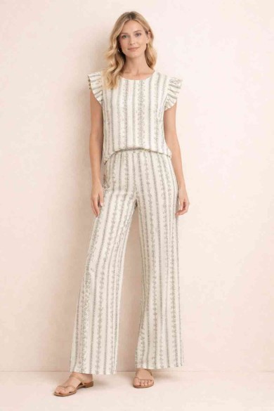 CONJUNTO DOS PIEZAS ESTAMPADO BLUSA VOLANTES PANTALÓN FLUIDO DD-1D19631964