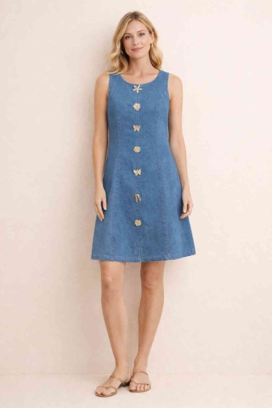 VESTIDO DENIM SIN MANGAS CORTE A DETALLES DECORATIVOS VARIOS COLORES DD-D80025