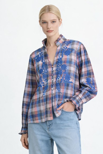 CAMISA CUADROS BORDADA ALGODÓN MANGA LARGA DBT-X702