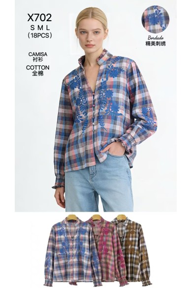 CAMISA CUADROS BORDADA ALGODÓN MANGA LARGA DBT-X702