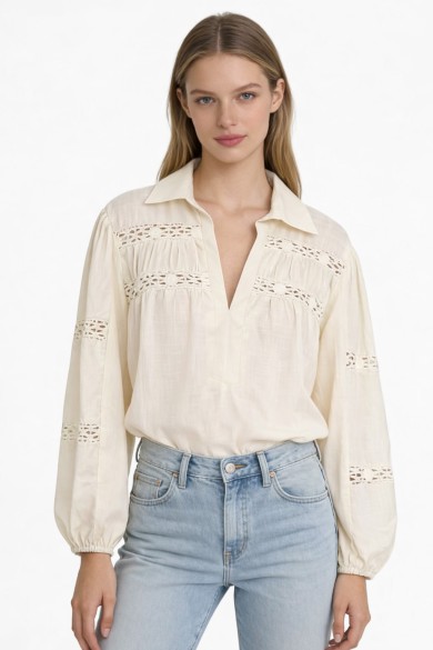 CAMISA ALGODÓN DETALLE ENCAJE MANGA LARGA DBT-X708