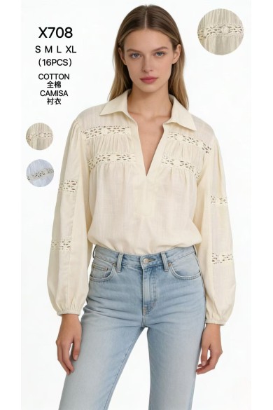 CAMISA ALGODÓN DETALLE ENCAJE MANGA LARGA DBT-X708