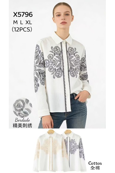 CAMISA BORDADA ALGODÓN MANGA LARGA DBT-X5796