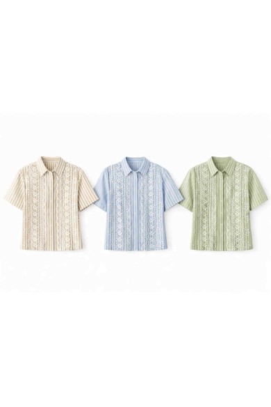 CAMISA RAYAS BORDADO CALADO MANGA CORTA DD-1D2122