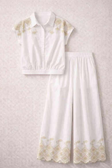 CONJUNTO BLANCO BORDADO CAMISA Y PANTALÓN PALAZZO DD-1D1947