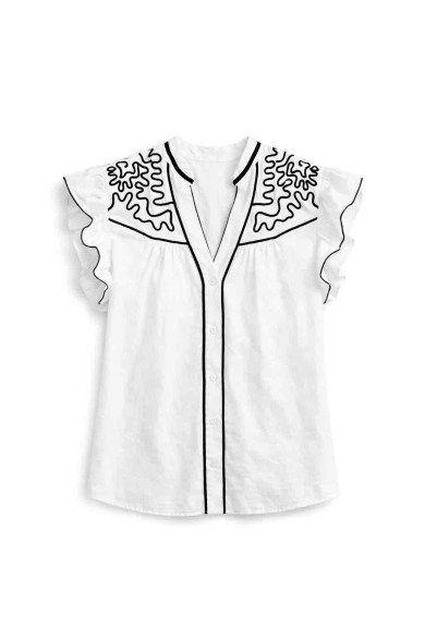 BLUSA BLANCA CON BORDADO NEGRO Y VOLANTES DD-1D1990