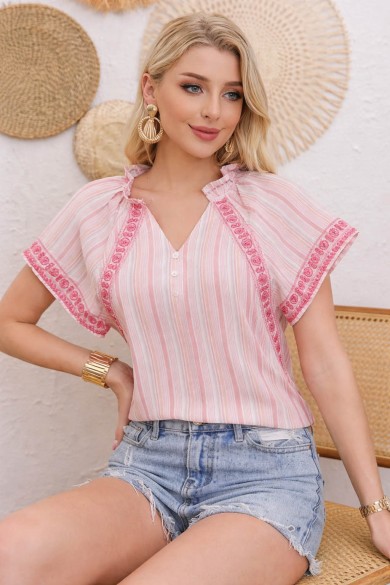 BLUSA MUJER RAYAS MANGA CORTA CON DETALLE BORDADO DD-1D1110
