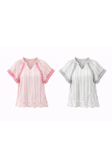 BLUSA MUJER RAYAS MANGA CORTA CON DETALLE BORDADO DD-1D1110